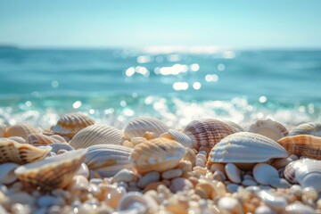 Wall Mural - Close-up of colorful seashells on a beach, sun reflecting off calm sea in the background.