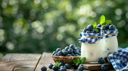 Chia pudding with berries and milk, sweet nourishing dessert, healthy breakfast superfood concept,Fresh blueberries background with copy space for your text. Blueberry antioxidant organic superfood 
