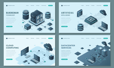 Wall Mural - Set of isometric landing page template. Modern technology concept for datacenter with server, artificial intelligence, and blockchain technology