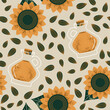 Seamless pattern with sunflower and oil with seeds. Packaging illustration. Vector illustration