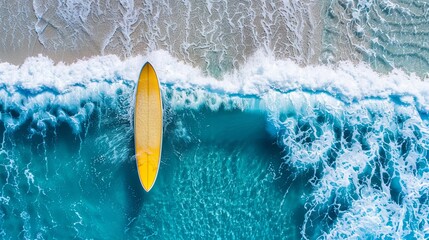 Sticker - Aerial view of a yellow surfboard on water surface