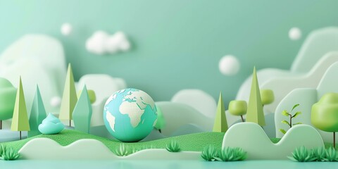 3D render, illustration 16K cute landscape, earth day , gradient green background