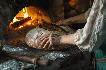 Canvas Print - A woman is removing a freshly baked loaf of bread from the oven