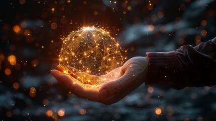 Fototapete - Three dimensional rendering of a hand holding an abstract glowing polygonal lamp made of connected points on dark background. Knowledge concept.