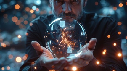 Aufkleber - Using holograms data, digital sphere 3D rendering of a businessman on a blurry background.