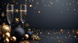 CAD illustration of happy new year 2018 in gold and black colors with place for text Christmas balls star champagne glass flayer brochure 2019-2020.