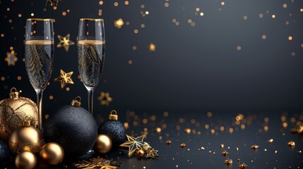 Fototapete - CAD illustration of happy new year 2018 in gold and black colors with place for text Christmas balls star champagne glass flayer brochure 2019-2020.