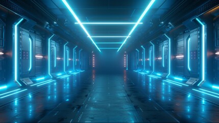 Aufkleber - The rendering shows an empty sci-fi futuristic dark room illuminated by light blue lights