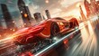 The futuristic concept (with grunge overlay) of a sport car racing toward a city sunset is generic and brandless - a 3D illustration in high speed and approaching the sunset