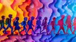 Colorful silhouette of diverse people walking together in unity