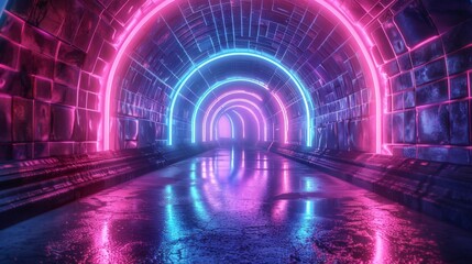 Leinwandbilder - Abstract Futuristic Technology concept. Modern neon hexagon tunnel background with fluorescent ultraviolet glow lines.