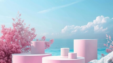 Leinwandbilder - Decorative cylinder box backdrop. Background for 3D composition of a natural beauty podium. Seascape background....