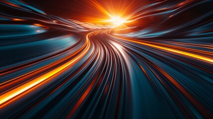 Poster - Concept of leading in business, hi technology products, warp speed wormhole science. 3D rendering of abstract fast moving stripe lines with glowing sun light flare.