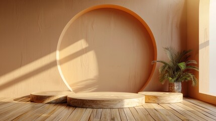 Leinwandbilder - A product stand is a podium with a cylindrical shape and a futuristic concept. The rendering is 3D.