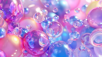 Leinwandbilder - 3D abstract background with floating holographic liquid blobs and soap bubbles.