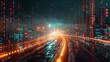 This is a 3D rendering of abstract highway paths through digital binary towers depicted in a city. The image represents the use of big data, machine learning, artificial intelligence, hyper loops,