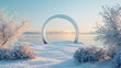 A winter scene featuring geometrical shapes, a circle frame, and a sea view. Background model in 3D rendered form.