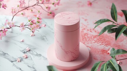 Leinwandbilder - For product display: pink empty cylinder box on Duotone background with marble stone texture. Minimal spring summer concept. Flat lay. Top view. 3D render.