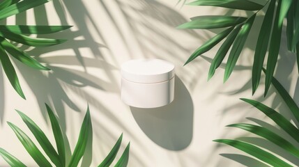 Aufkleber - An empty white cylinder box on a summer scene background with tropical palm trees to display cosmetics. Flat lay. Top view. 3d render.