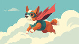 Fototapeta Londyn - Dog wearing a superhero costume flying through the sky