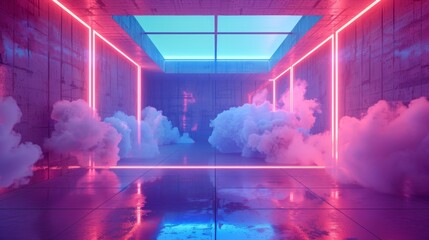 Canvas Print - 3D rendering of an empty futuristic sci-fi stage. The stage is made of concrete, with glowing neon and clouds in the background.