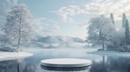 Poster - The scene is abstract and has a podium in the foreground and a lake behind it. Minimal 3D landscape background.