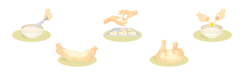 Wall Mural - Hands Kneading Dough Do Homemade Bakery Vector Set