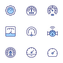 Speedometer icon set. Duo tone icon collection. Editable stroke, speedometer, measuring, milometer, meter, performance.