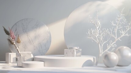 Fototapete - The background of a natural beauty podium is a winter 3D scene that will serve as a backdrop for cosmetic products.