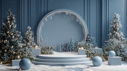 Wall Mural - 3D render of Christmas podium backdrop for product display.