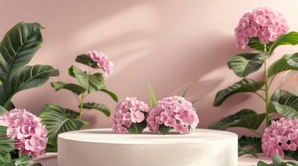 Aufkleber - Hydrangea flower backdrop for product display on natural beauty podium. 3D render.