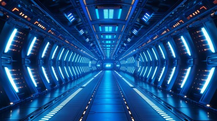 Aufkleber - Spaceship corridors with futuristic design on a blue background. 3D rendering.