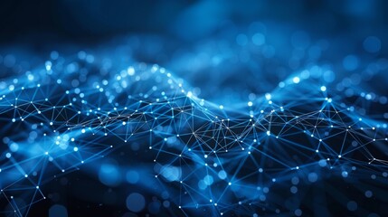 Fototapete - An abstract blue polygon technology network with a connected technology background has an abstract dot and line texture. It's 3D rendered.