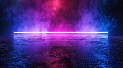 Poster - In the center, there is an empty space for product or message placement, with blue and purple neon lights on concrete cement floor and black background studio, abstract high-tech, technology