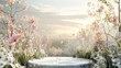 An elegant podium backdrop featuring a spring flower field scene. 3D render....