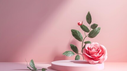 Poster - Pink rose flower backdrop for product display on a natural beauty podium. 3D rendering.