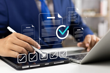 Canvas Print - Business performance monitoring and evaluation concept, Take an assessment, Business man using laptop and tablet online checklist survey, Filling out digital checklist, Questionnaire with checkboxes.