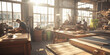 A DIY workshop for building furniture from reclaimed wood, with participants working under the warm glow of sunlight filtering through large windows, showing off the textures of th