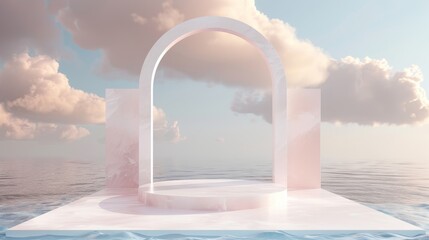 Aufkleber - The natural beauty of a podium backdrop with clouds and arch frame is perfect as a backdrop for product displays in a romantic 3D seascape setting...