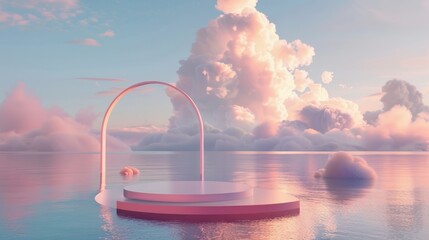 Aufkleber - A natural beauty podium backdrop with dreamy clouds and arch frame. A 3D seascape at night.