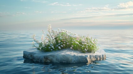 Aufkleber - 3D seascape background for product display with stone and wild flowers on the water.
