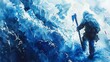 Watercolor, Ice climber, axe in ice, close up, high contrast, cold blue tint 