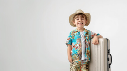 Wall Mural - small cheerful child in summer clothes with a suitcase on a white background, travel, tourist, vacation, weekend, resort, boy, kid, childhood, luggage, passenger, trip, holiday