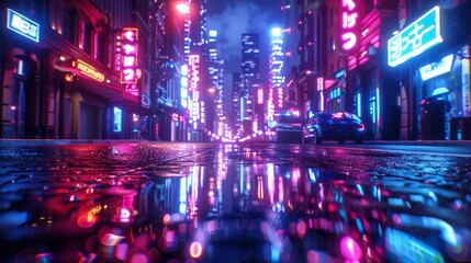 Aufkleber - This is a rendering of a neon city with light reflecting off puddles on the street heading towards the buildings. The scene is intended to promote nightlife and business district centers (CBDs).