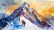 Mount Everest in watercolor, sunrise hues, climbers ascending, vibrant 