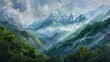 Watercolor of Everest during the monsoon, rain clouds, lush green foreground 