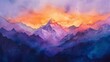 Sunset over Everest in watercolor, deep purples and oranges, serene 