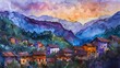 Andes mountain village in watercolor, twilight hues, cozy atmosphere 