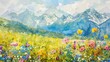 Watercolor of Alps with wildflowers in foreground, vibrant summer colors