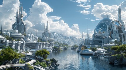 Fototapete - City concept in the metaverse. Rendering in 3D